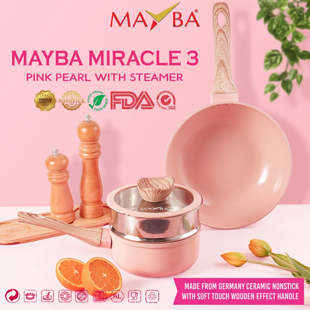 MAYBA MIRACLE 3 pieces keramik mutiara Wajan Wok 24cm and panci susu milkpan 16cm- Panci Keramik Set Maybe Ceramics