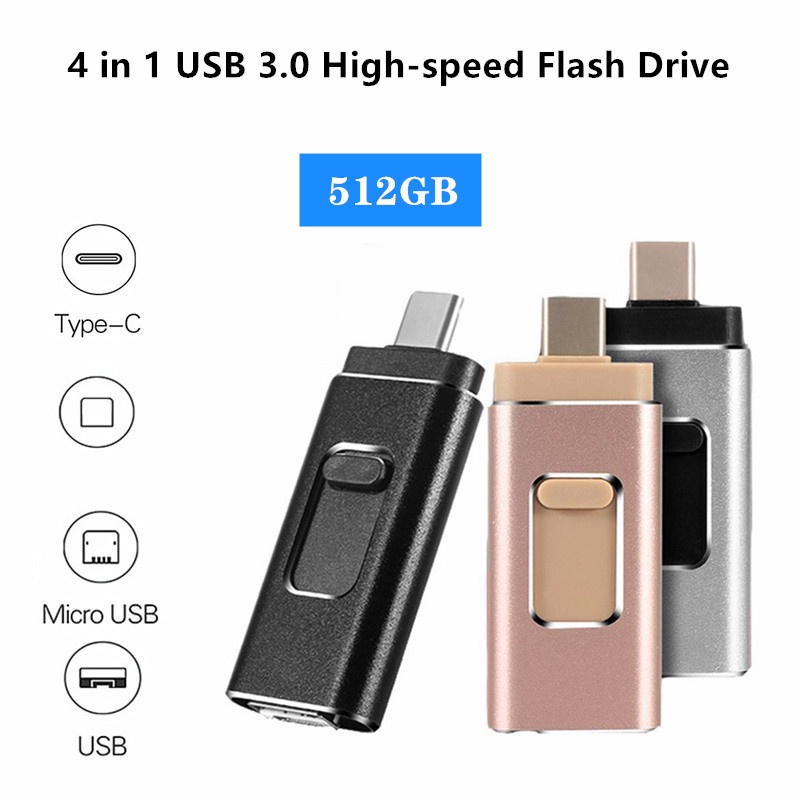 4 in 1 USB 3.0 Flash Drive Untuk Semua Ponsel 512GB USB OTG Pen Drive Bahan Metal