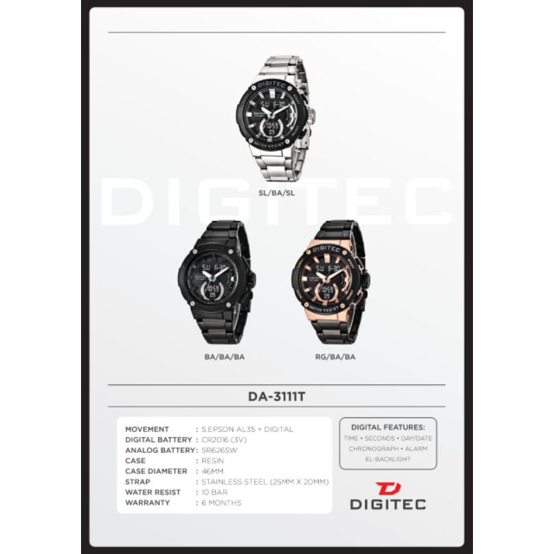 COD Jam Tangan Pria Digitec Original DA-3111T Rantai Stainless Tahan Air Gratis Ongkir COD