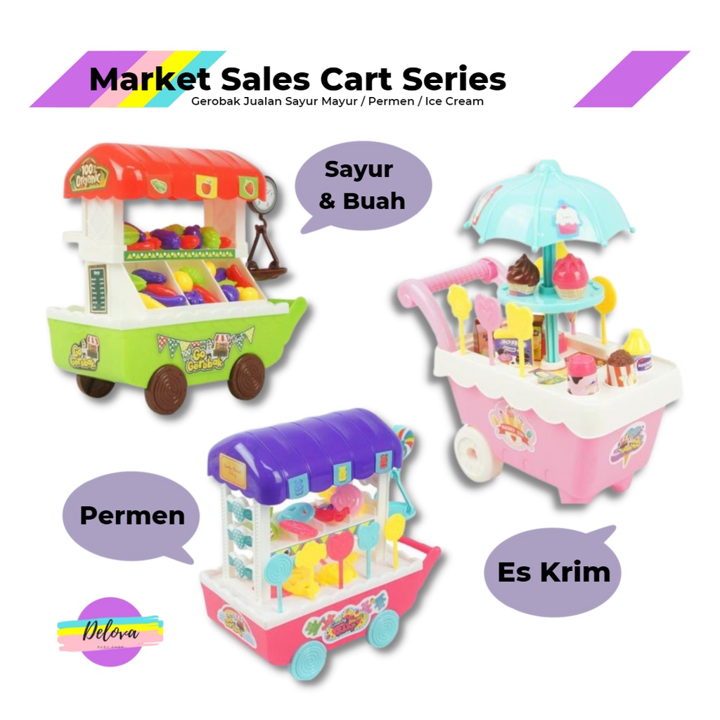 Gerobak Troli Mainan Edukasi Anak Jualan Buah Sayur / Permen / Es Krim Pretend Play KGP 19