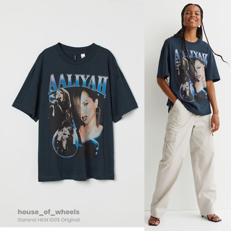 H&M Printed Tshirt kaus wanita oversized Aaliyah dark grey