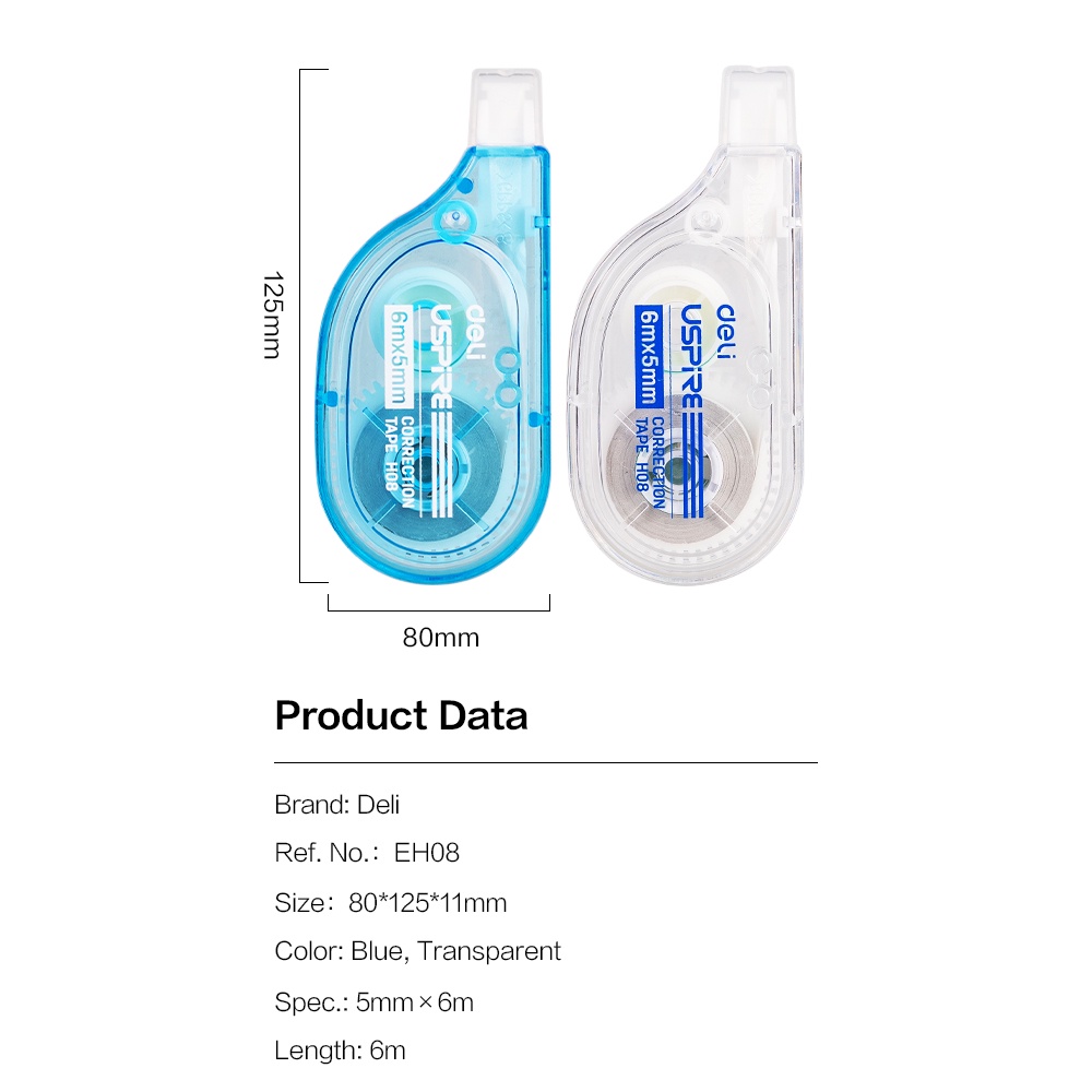 Deli Correction Tape / Tip X Kertas 55mm*6m/8m/12m Isi 1pc/3pcs Desain Ergonomis Praktis EH08-BX