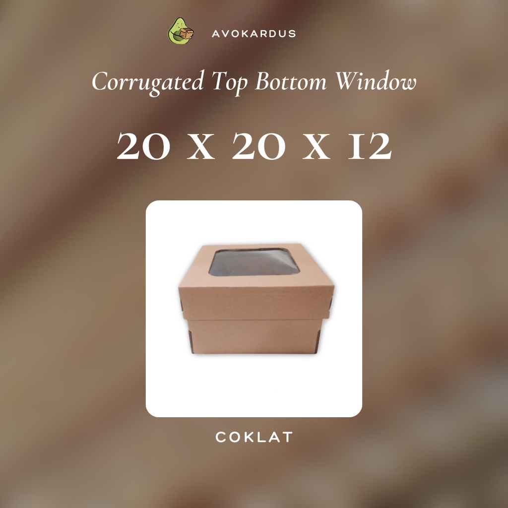 

Kardus Corrugated Window 20x20x12 Top Bottom Kotak Dus Kue Tart Tutup Lubang Mika