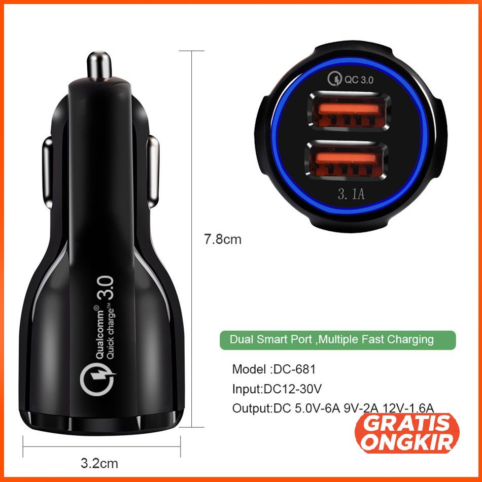 Taffware Car Charger mobil Dual USB Port 3.1A QC3.0 DC-681