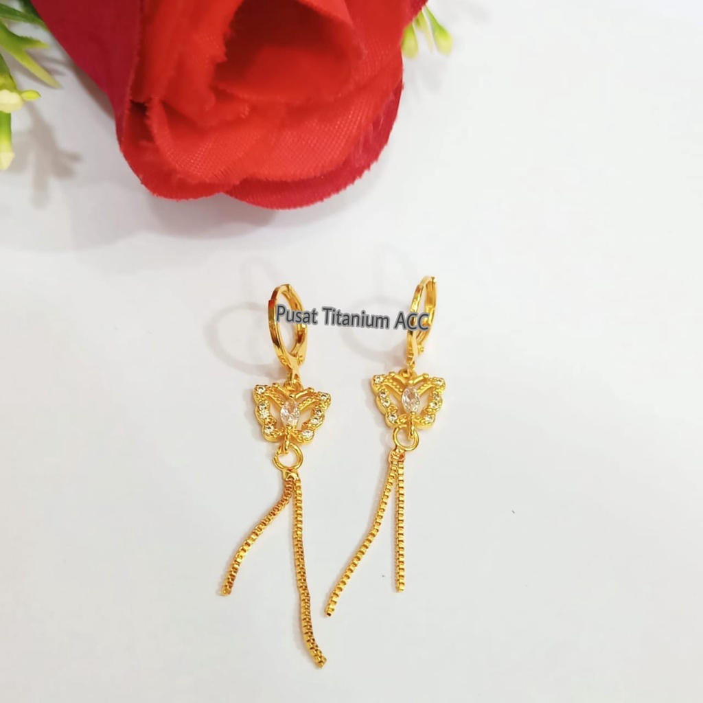 ANTING TITANIUM JURAI/JUNTAI PANJANG KUPU-KUPU ELEGAN LOGAM EMAS KOREA ANTI LUNTUR&ANTI KARAT-1