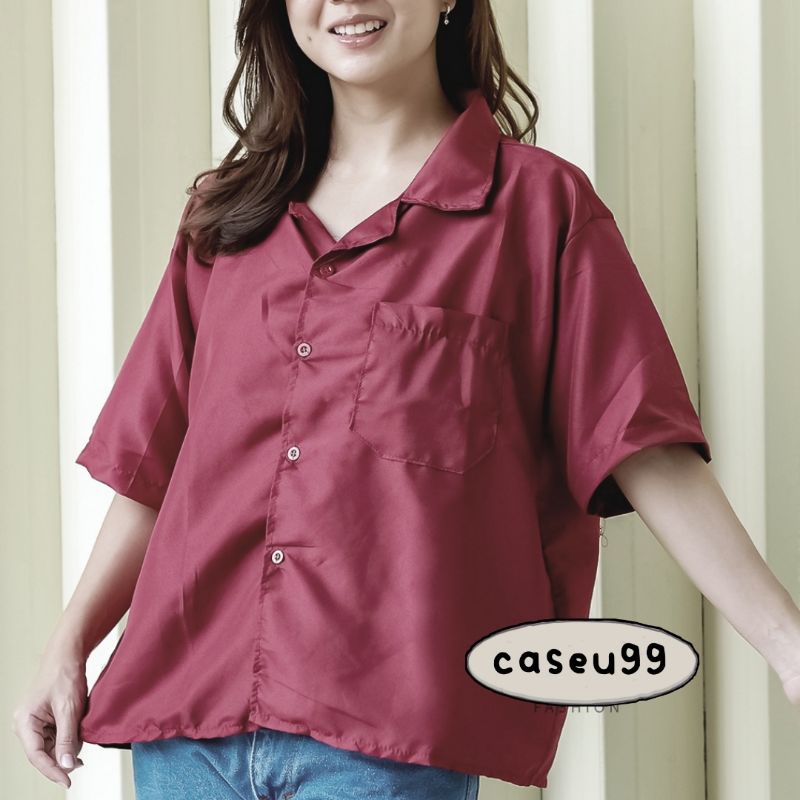 kemeja hawaii polos lengan pendek warna basic kancing depan cewek perempuan top