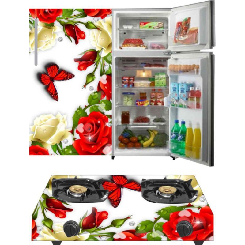 stiker kulkas satu pintu dan kompor gas yang dua tungku