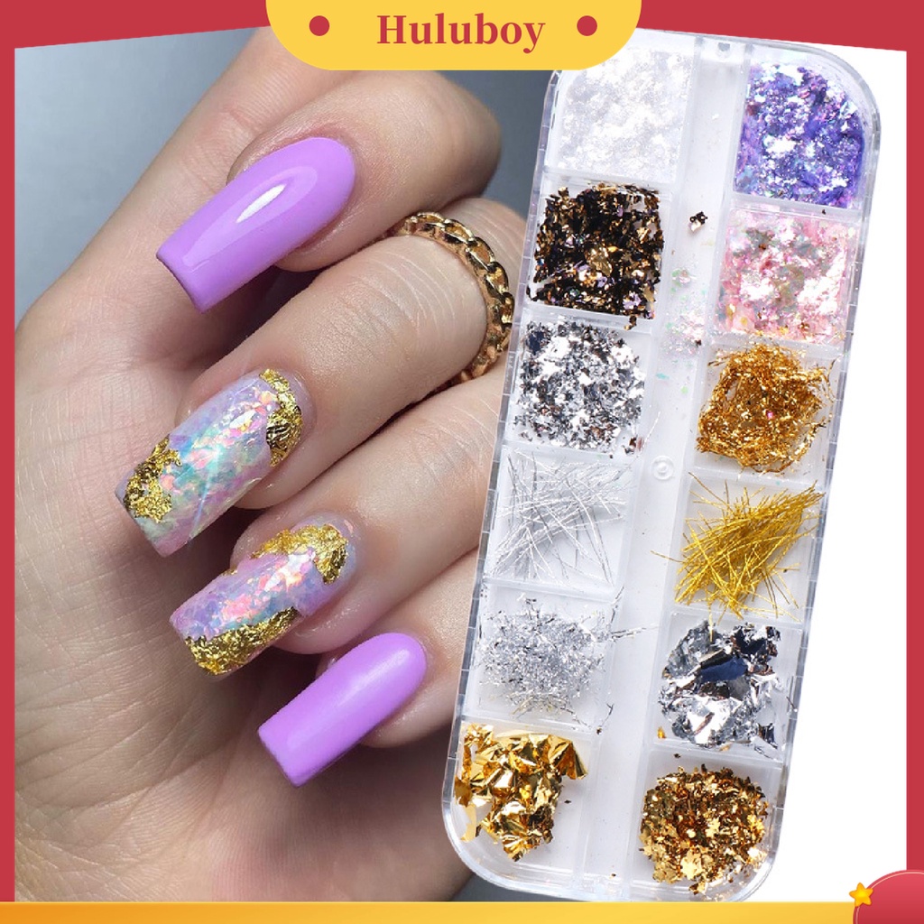 Huluboy Huluboy♡ 1 Kotak 12 Grids Glitter Foil Emas Metalik Untuk Membuat Kerajinan Kuku