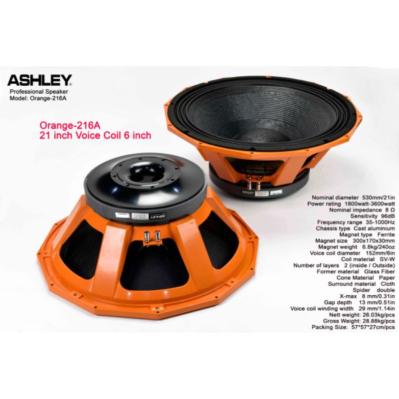 Speaker Ashley 21 Inch Orange 216A Voice coil 6 inch Original