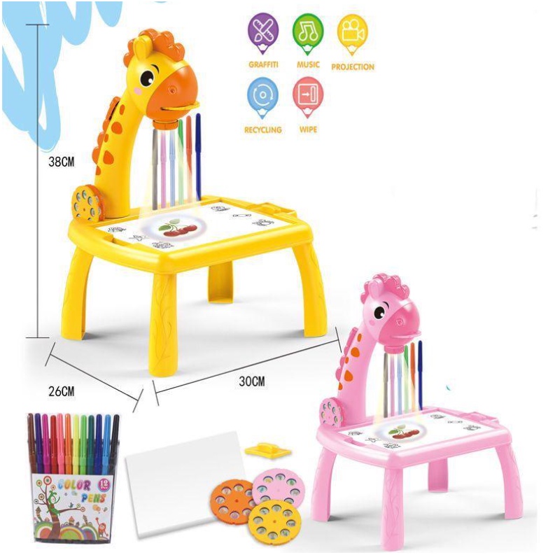 Meja Belajar Gambar Meja Gambar Anak Proyektor Meja Belajar Anak meja melukis ( ukuran mini and jumbo ) Mainan Motif Jerapah unicorn beruang table proyektor led dan musik