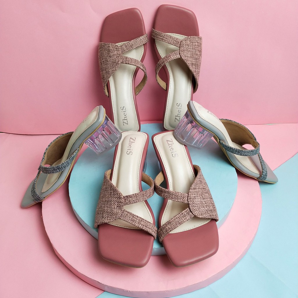 HIGH HEELS KACA 5cm ZheiS BERLIAN | Sandal high heels wanita Abu TERBARU Sendal Hells cewek Ootd