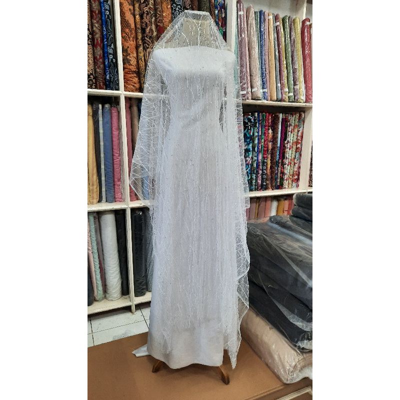 Kain Gamis Gaun Robe Pengantin Kerudung Tile Akar Mutiara Gliter  Tile Mutiara Gliter Tile Dot Putih