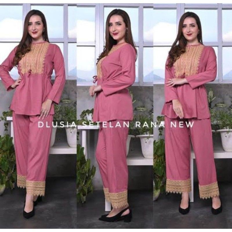DLUSIA SETELAN RANA NEW BAJU MUSLIM WANITA CEWEK LEBARAN STYLE ARAB TURKI PAKISTAN RENDA POLOS PINK