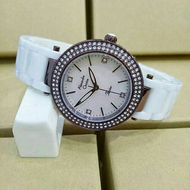 Jam Tangan Alexandre Christie Wanita cewek keramik AC 2323LH putih coklat keunguan