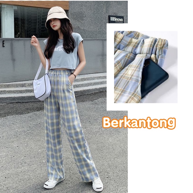 Celana Tartan Wanita Korean Style Celana Longgar Wanita Celana Wanita Terbaru