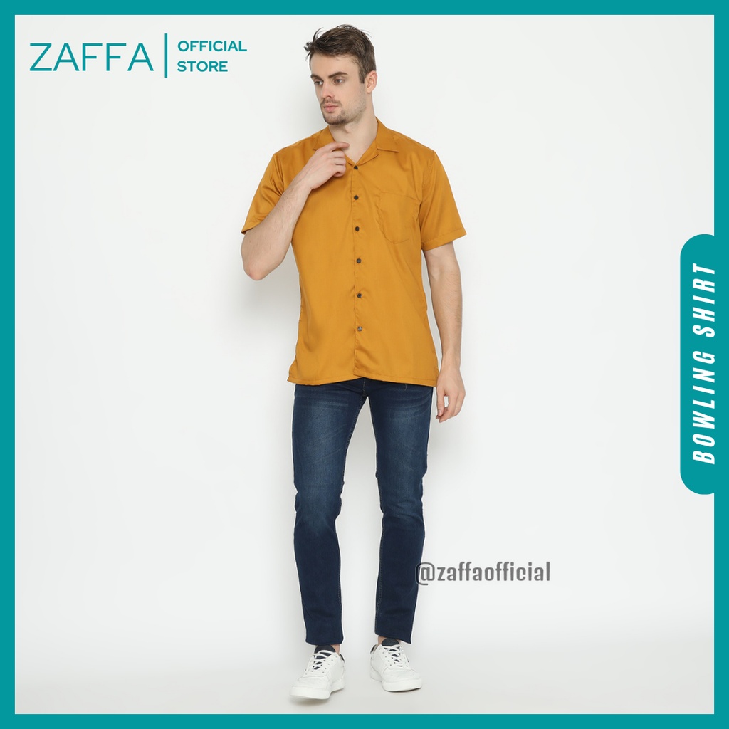 Zaffa Kemeja Polos Pria Lengan Pendek Basic Kerah Pantai Katun Toyobo Hitam Navy Mustard Maroon Bowling Shirt Casual Cowok Mustard Z-1017