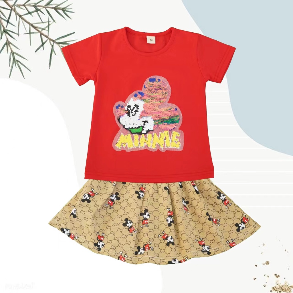 KF CAT Baju Anak Perempuan Setelan Motif Mickey Mouse + Rok Lucu Bahan Cotton Import Fashion Trendy