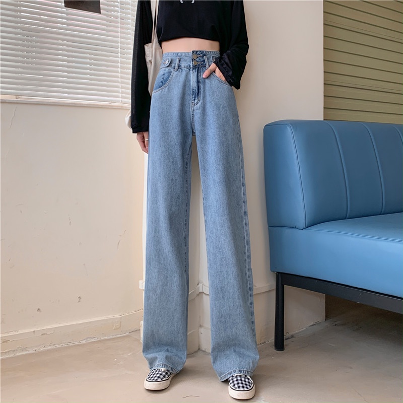 celana jens wanita highwaist loose Jeans double kancing korean style pants celana lebar kasual