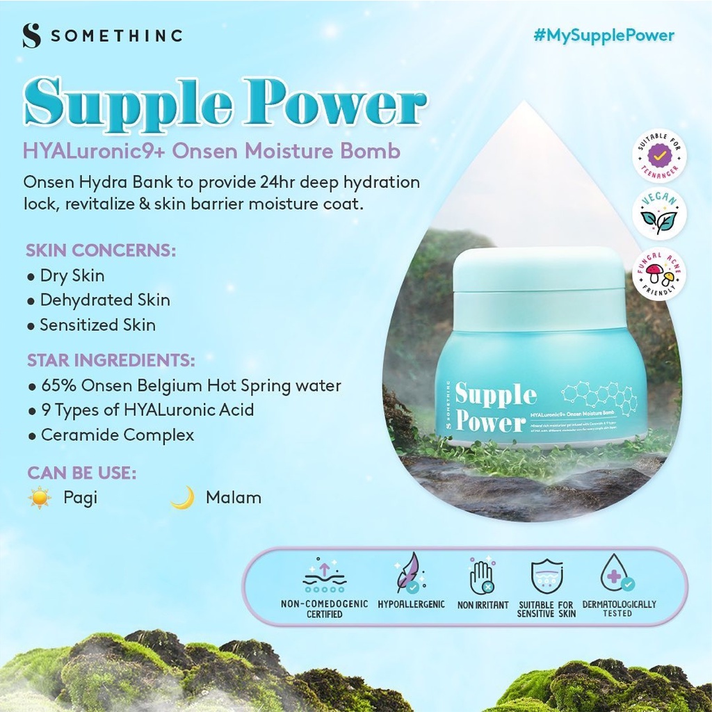 ❤ BELIA ❤ SOMETHINC Supple Power Hyaluronic9+Onsen Moisture Bomb Gel - Krim Pagi dan Malam (Kulit Sensitif) 50ml | 25ml | BPOM