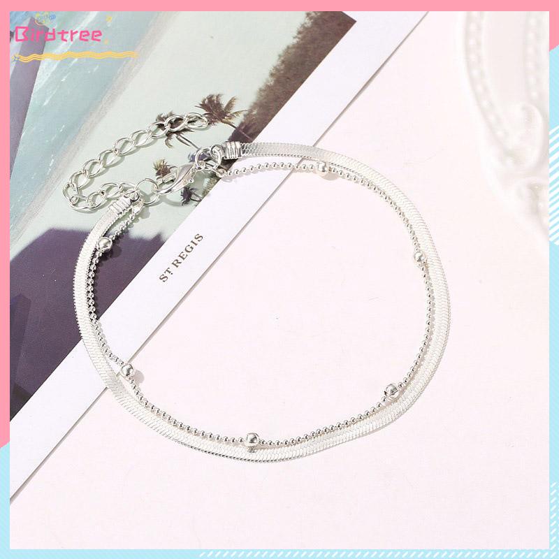 [Readystock❤️COD]Gelang Kaki Wanita Sederhana Lapisan Ganda Manik Bulat Rantai Tulang Ular Alas Kaki Fashion Gelang Kaki- BS