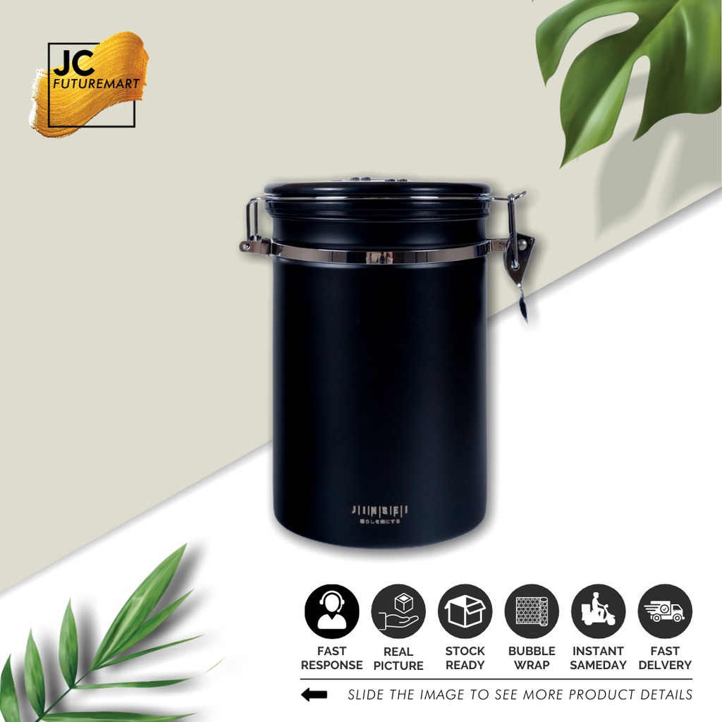 COFFEE STORAGE WITH VALVE + DATE 1800ML - TOPLES KOPI KEDAP UDARA - Hitam