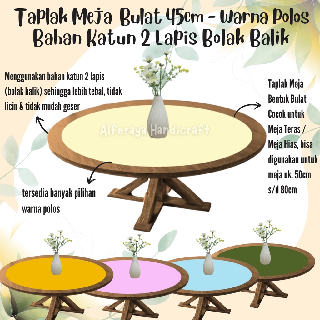 Taplak Meja Bulat 45cm | Taplak Meja Teras Minimalis Bahan Katun 2 Lapis Bolak Balik Warna Polos