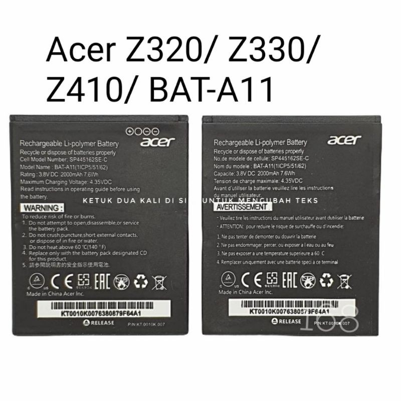 Baterai Batre Acer Z320 Z330 Z410 BAT-A11 Batere Acer Bat a11 Original