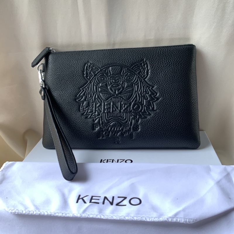 KENZ0 Tiger Clutch Pouch Full Leather Embossed Black