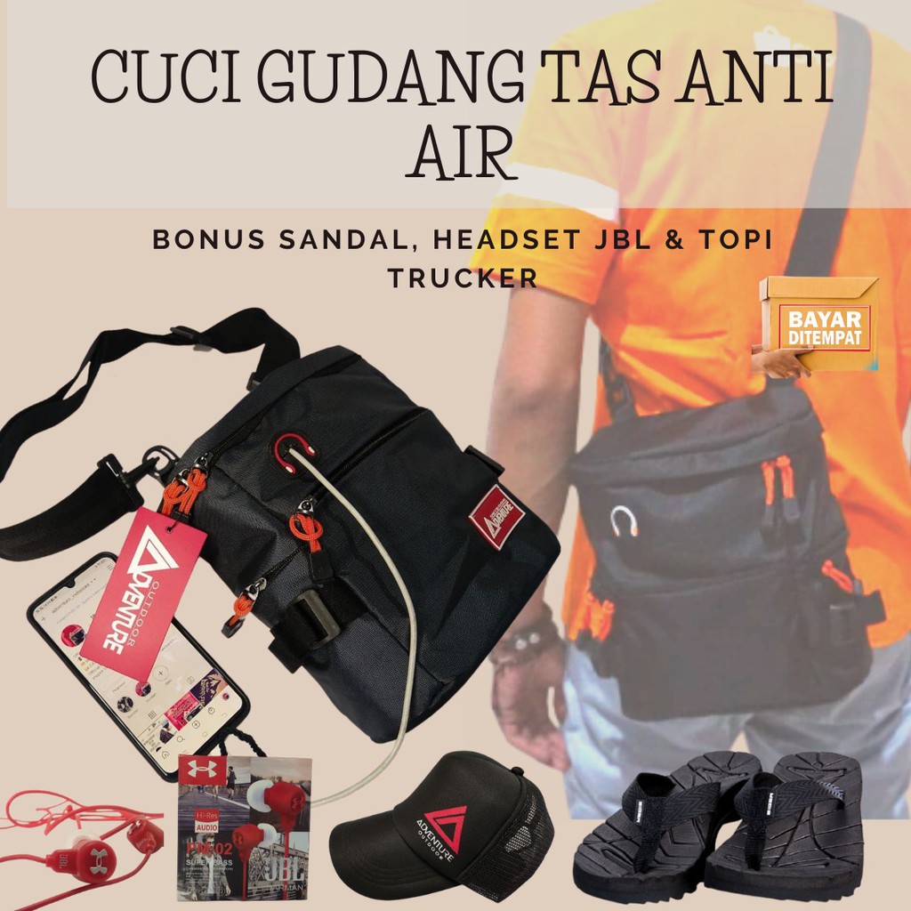 ( BISA COD /bayar ditempat ) TAS SELEMPANG ADVENTURE 03 ANTI AIR - BONUS SANDAL + HEADSET JBL + TOPI