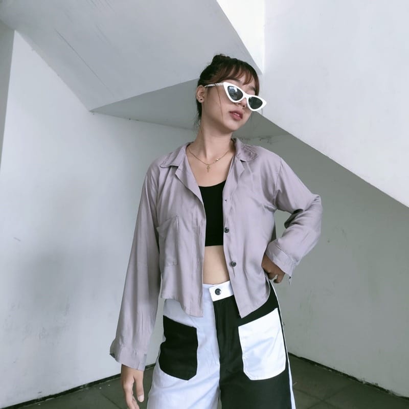 BEFAST - ZEC OOTD Wanita Kemeja POPAY / Kemeja Crop Pocket / Atasan Wanita / Lengan Panjang / Kemeja Crop Kekinian Remaja / Bisa Di Jadikan Outer / Kemeja Crop Style Korean