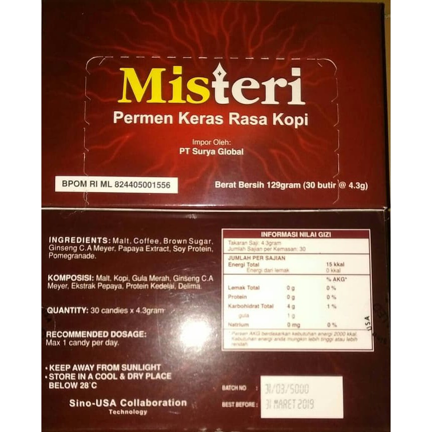 

hot falsh sale Misteri Ginseng & Coffee energetic candy (permen kopi) BPOM isi 30pcs