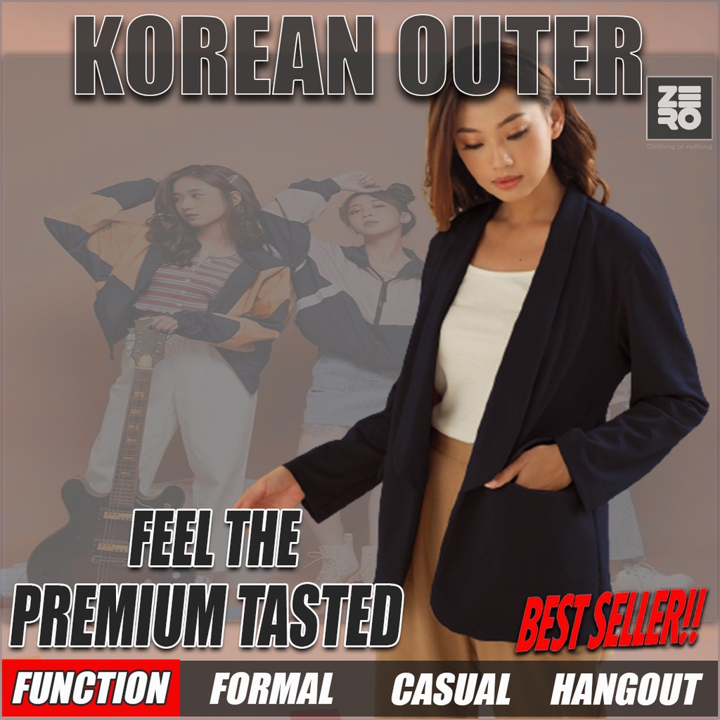 Outer Wanita Blazer Cardigan Jas Korea Cewek Panjang Kekinian  Oversize Bahan Katun Warna Hitam