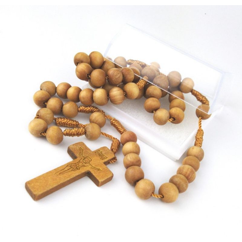 Kalung Rosario Devosi Maria Manik Natural Beads Kayu Cendana Wangi Unik Alami Tali Ikat Salib Rohani