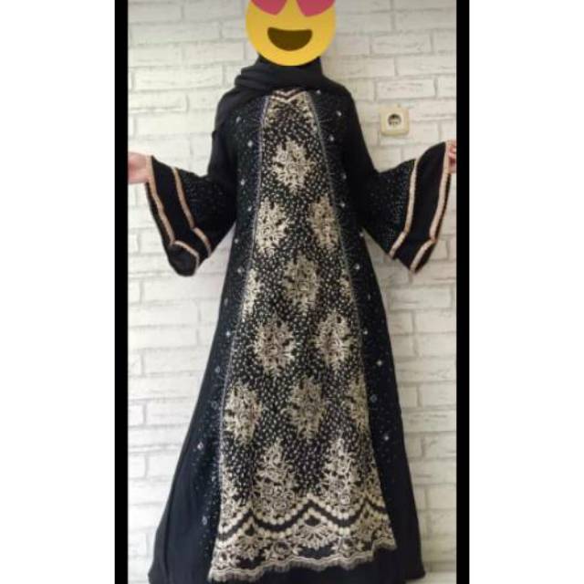 Abaya+pasmina jetbalck full mata2 swaroski payet pompom+renda gold/gamis ruby brukat renda pesta