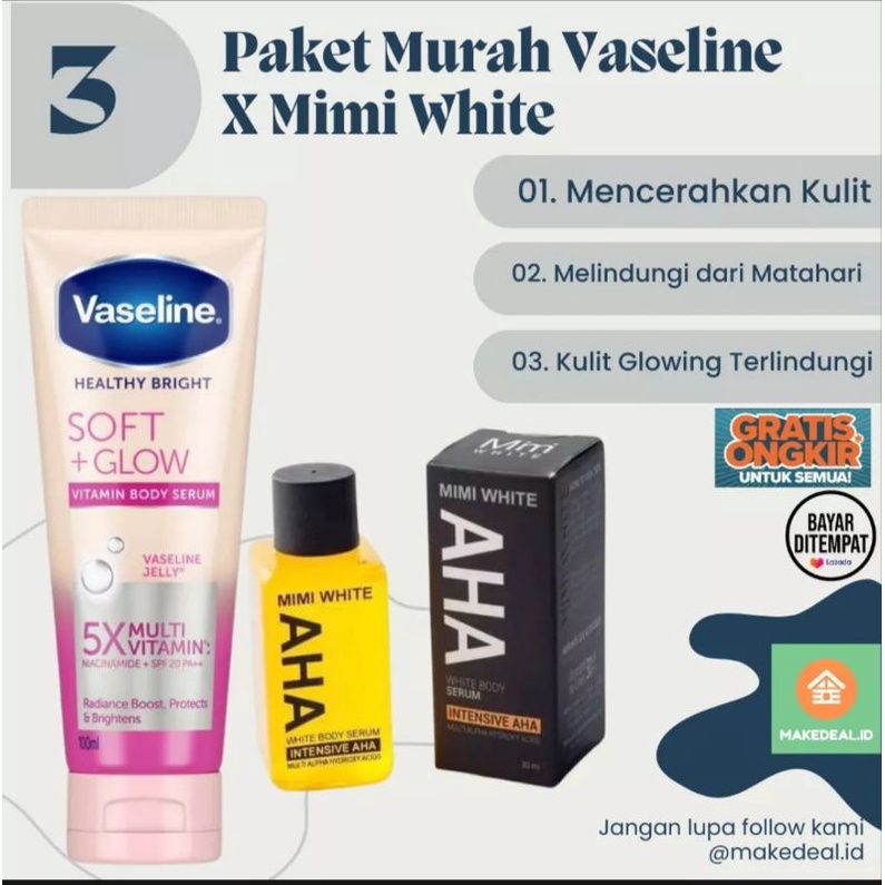 paket Vaseline Hand body 100ml + mimi white Body Serum AHA