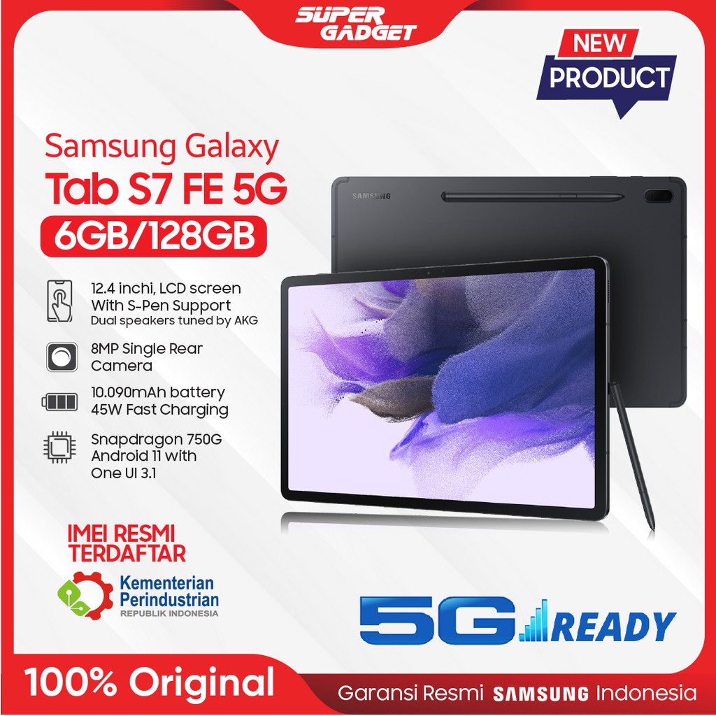 Samsung Galaxy TAB S7 FE T736 RAM 6 GB ROM 128 GB 6/128 12 Inch 5G Original Garansi Resmi SEIN-Mystic Black