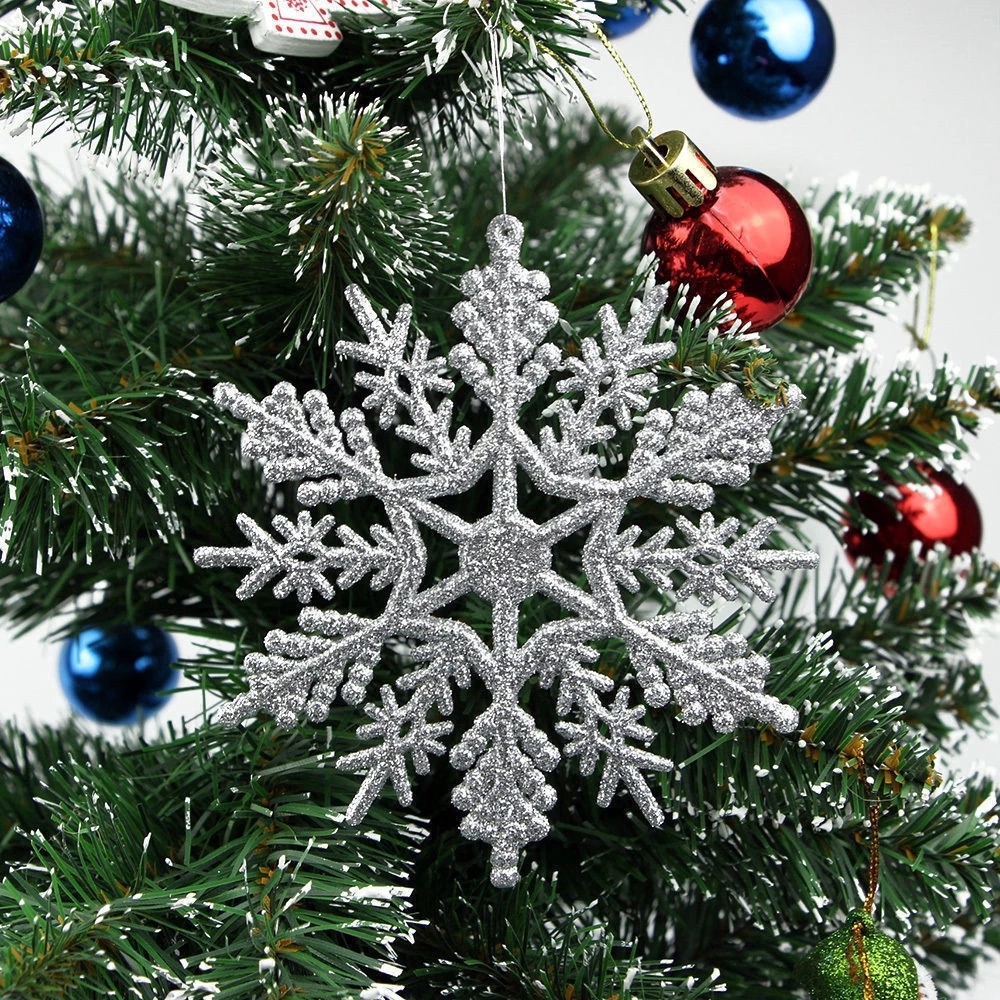 12pcs Ornamen Desain Snowflake Warna Putih Bahan Plastik Untuk Natal