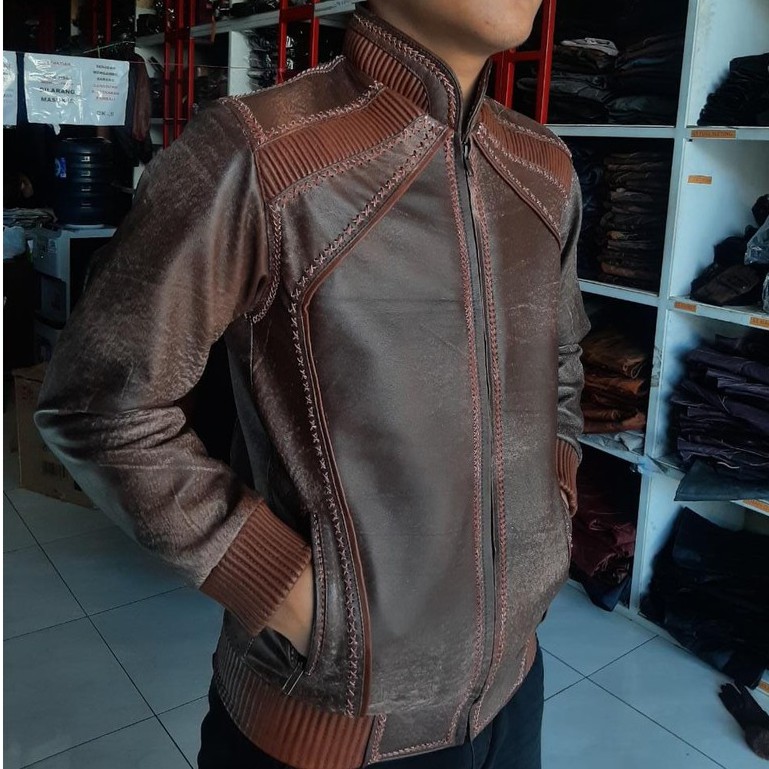 Jaket Kulit Domba Asli Pria Sulam Wast Elegant Brownie 033 Ariel Noah