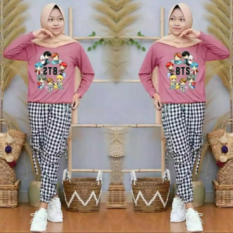 Setelan Baju Anak Perempuaj Usia 8 9 10 Tahun-Set Baju Anak BTS Korea New- Set Kotak BTS Kid Murah