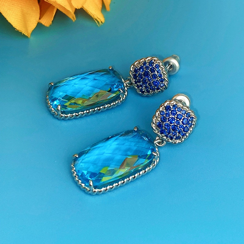 Anting Juntai Bentuk Geometris Unik Bahan Cubic Zirconia Warna Biru Untuk Wanita