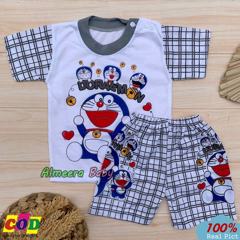 Setelan Baju Bayi Lengan Pendek Karakter Doraemon Usia 3-12 Bulan Almeera Baby and Kids