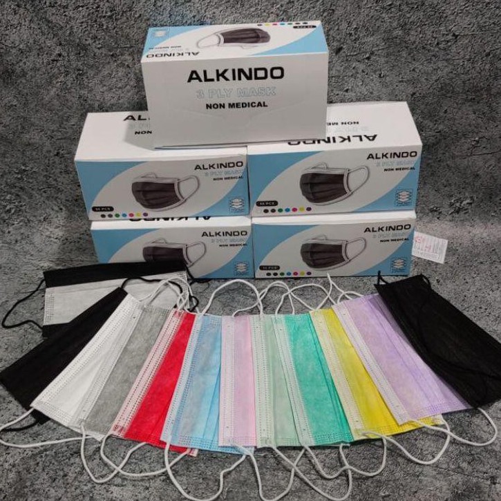 MASKER ALKINDO 3PLY EARLOOP HEADLOOP WARNA HITAM BIRU PUTIH PINK ISI 50PCS DISPOSABLE MASK