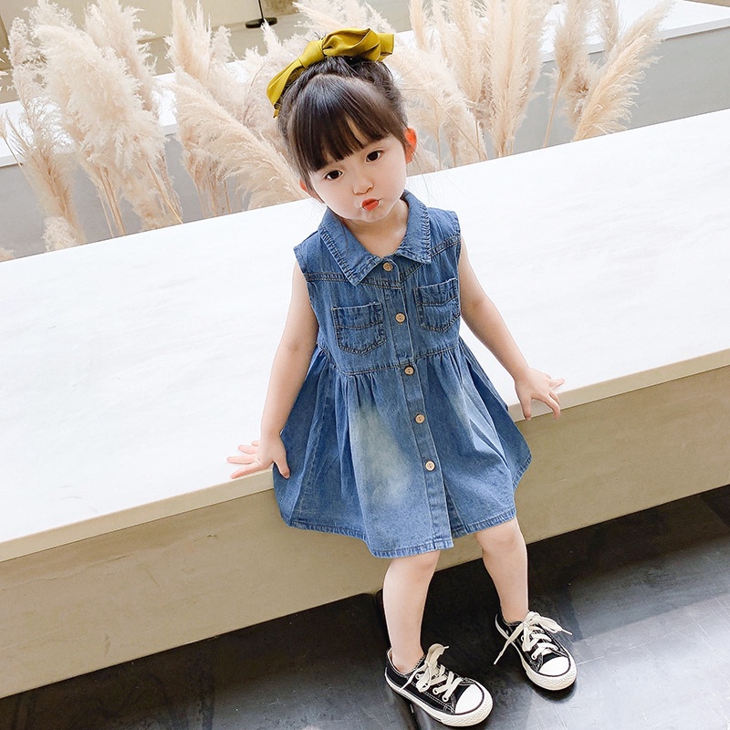 1 - 5 Tahun | Dress Korean Style Dae Hwa / Baju Gaya Elegant Korea Denim Jeans Anak Perempuan kualitas Import Balita Harian Polos Babycinnamon