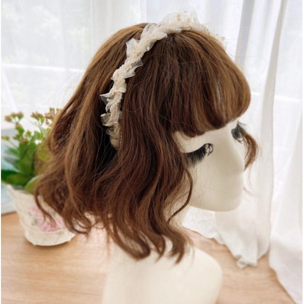 Bando Pita Renda Korea / Bandana Scrunchies Kerut Lebar Mutiara Lesman