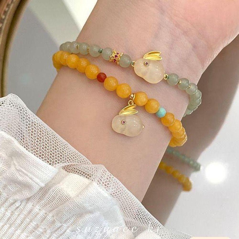 Mxbeauty Gelang Giok Kelinci Lucu Retro Antik Gelang Perhiasan Hadiah Perhiasan Gaya Cina Hijau Gelang Gaya Korea