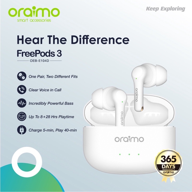 Oraimo OEB-E104D Freepods 3 TWS Bluetooth Earphone v5.2 Wireless Handsfree Headset - Garansi 1 Tahun