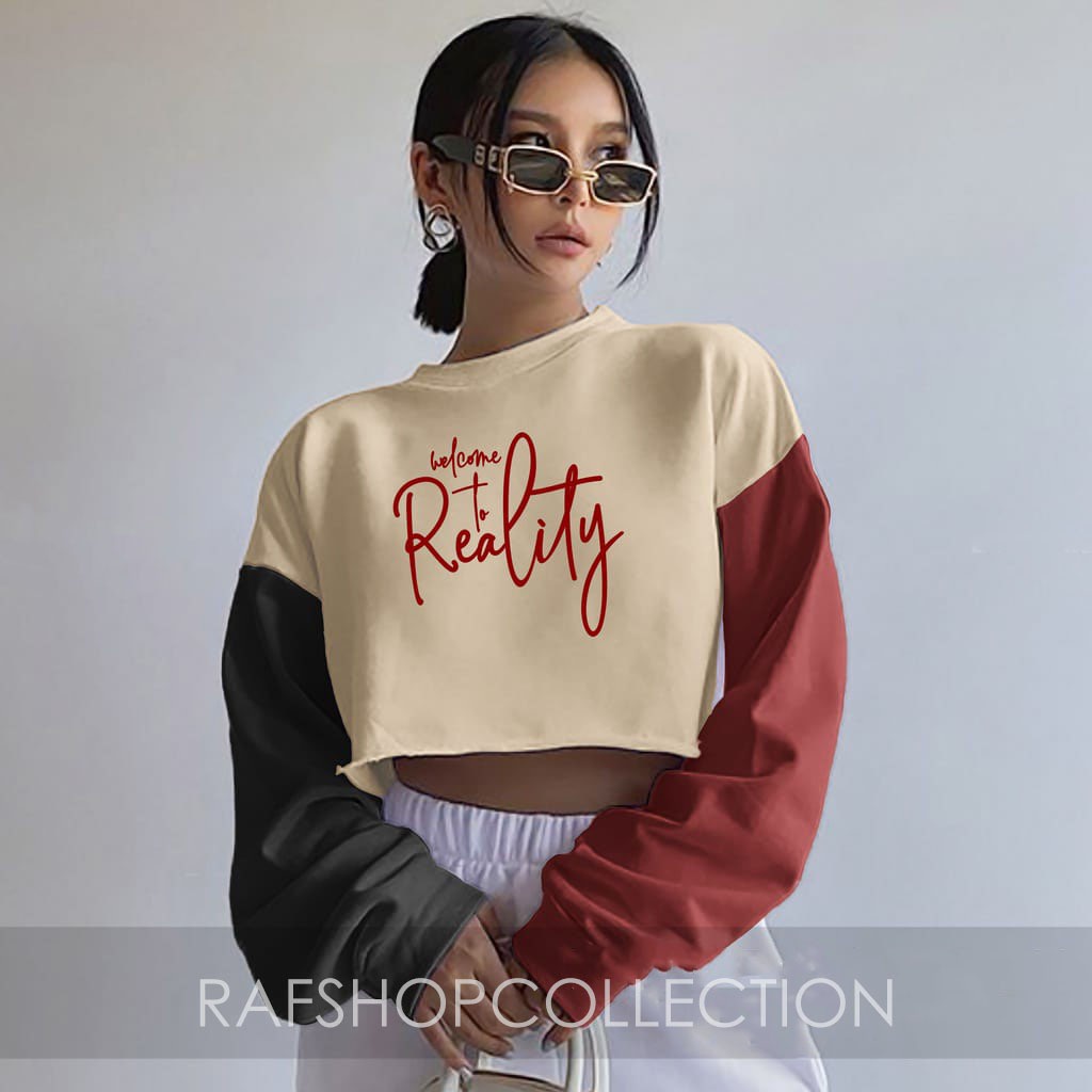 Crop Sweater Colourfull Welcome to reality, atasan korea-sweatercrop