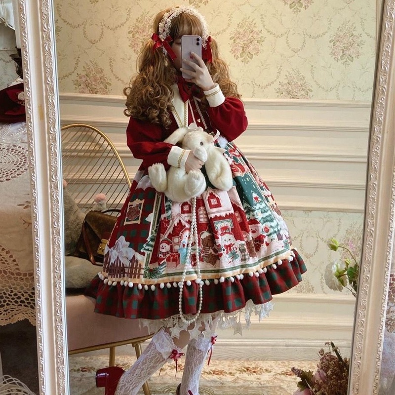 Vintage Victorian Medieval Christmas Lolita New Year Gothic Dress Cute Printing Daily Retro Lolita T