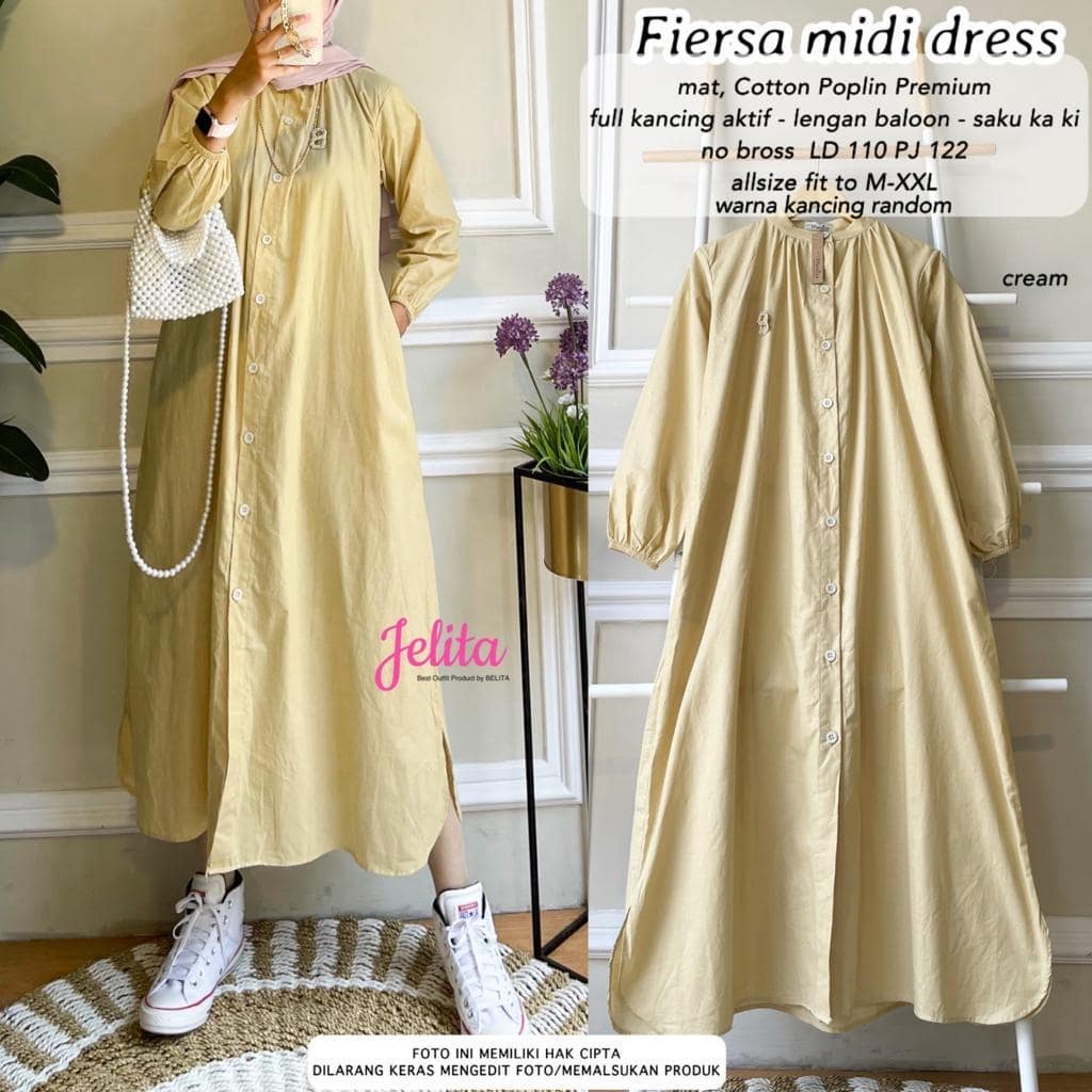 Tunik Panjang Kekinian Fiersa Midi Dress Atasan Katun Long Tunik Kancing Depan Gamis Midi Dress Baju Remaja Wanita