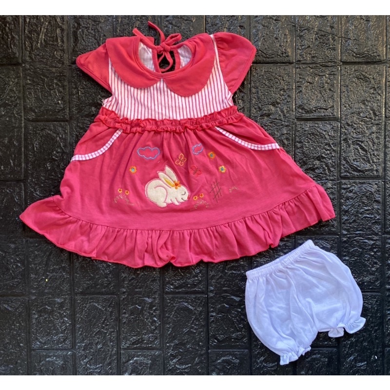 Rok bayi/ dress bayi set celana pop (motif garis atas kerah)